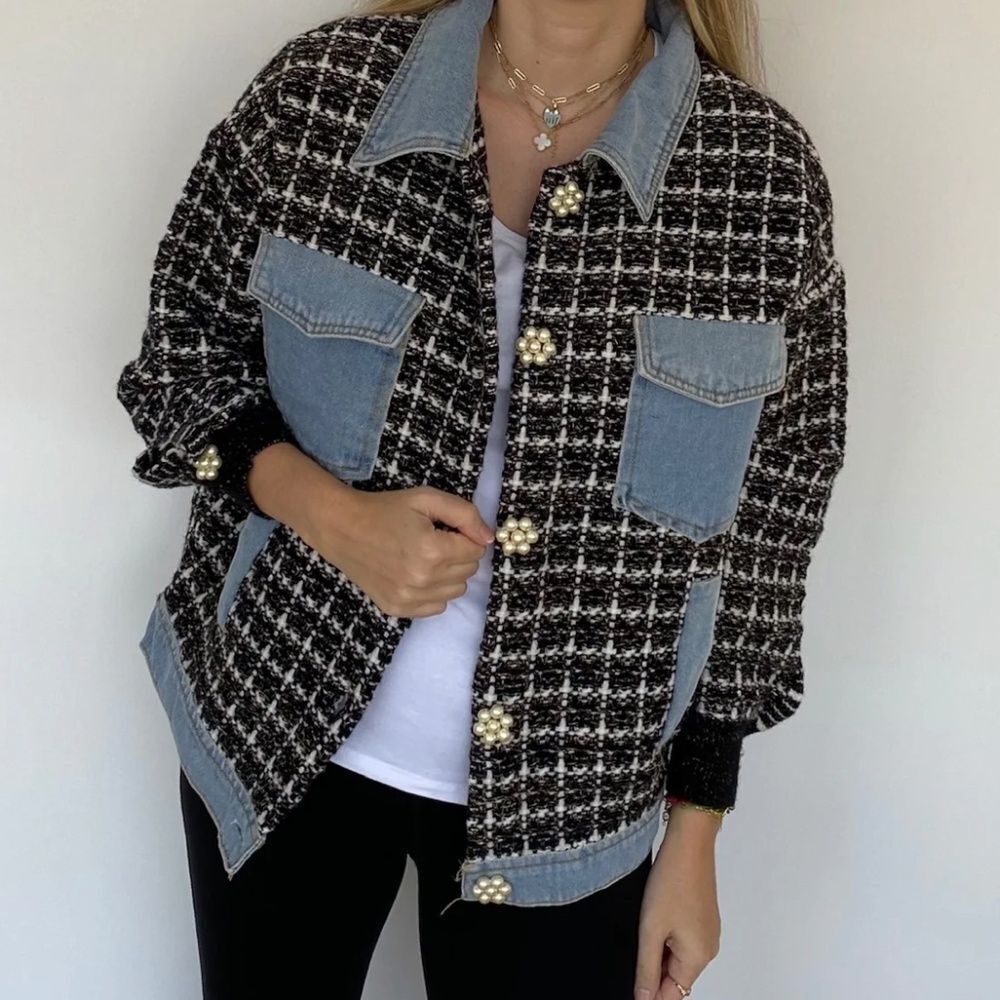 LIKE NEW Tweed and Jean Jacket - Flower Buttons LIKE NEW - Oversized Jacket